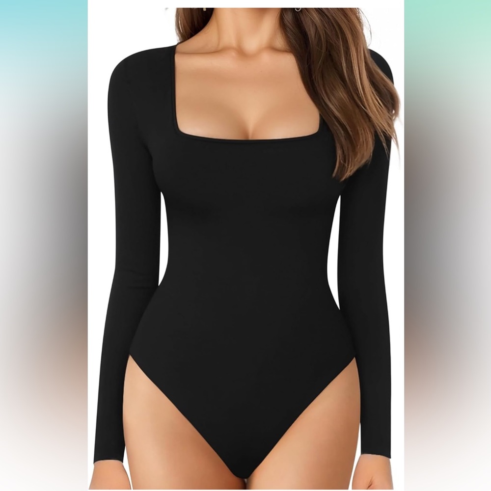 MANGOPOP Women's Square Neck‎ Long Sleeve Tops Bodysuit- small - Picture 2 of 7